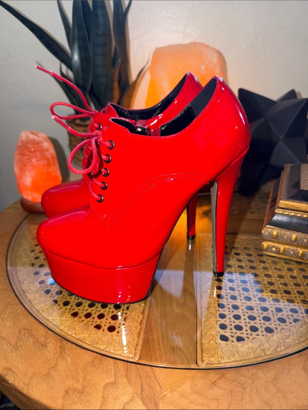 Red Patent Platform Lace-Up High Heel Booties - Women - Picture 2 of 9